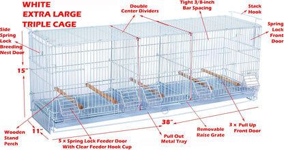 Lot-2 Extra Large 38"x11"x15"H Triple Stackable Breeder Bird Flight Cage Side Breeding Nest Box Doors with Double Removable Divider