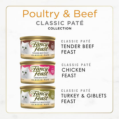 Fancy Feast Poultry and Beef Feast Classic Pate Collection Grain Free Wet Cat Food Variety Pack - (Pack of 24) 3 oz. Cans