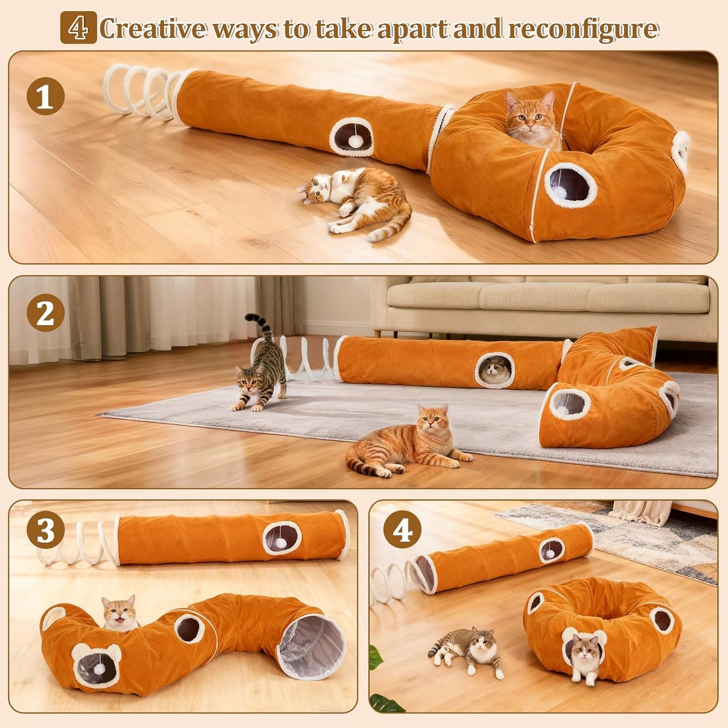 Ownpets 2-in-1 Cat Tunnel Bed, Lollipop Shape Large Cat Tunnel Toy, Plush Foldable Cat Cave Hideout Donut Tunnel for Kitten Rabbit Ferret, Brown