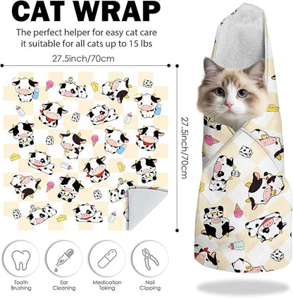27.6" Cat Grooming Wrap, Self Adhesive Cat Wrap for Cutting Nails, Anti-Escape Calming Cat Swaddle Wrap for Medicine Ear Cleaning, Cow Anti-Scratch Cats Burrito Restraint Blanket, Pet Tool (6-10 lbs)
