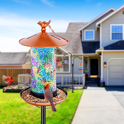 XDW-GIFTS Mosaic Solar Wild Bird Feeder with Pole Kit, Waterproof Lantern Design with Adjustable Heavy-Duty Bird Feeder Post for Outside, Garden- Unique Gifts for Mom,Women, Grandma,Bird Lovers