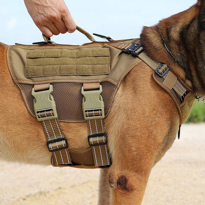 ICEFANG Tactical Mesh Dog Harness for Large Dogs,Reflective Dog Molle Vest with Metal Buckles,Hook and Loop Panels,No Pulling Front Clip for Walking Hiking Training (Large (Pack of 1), Brown)