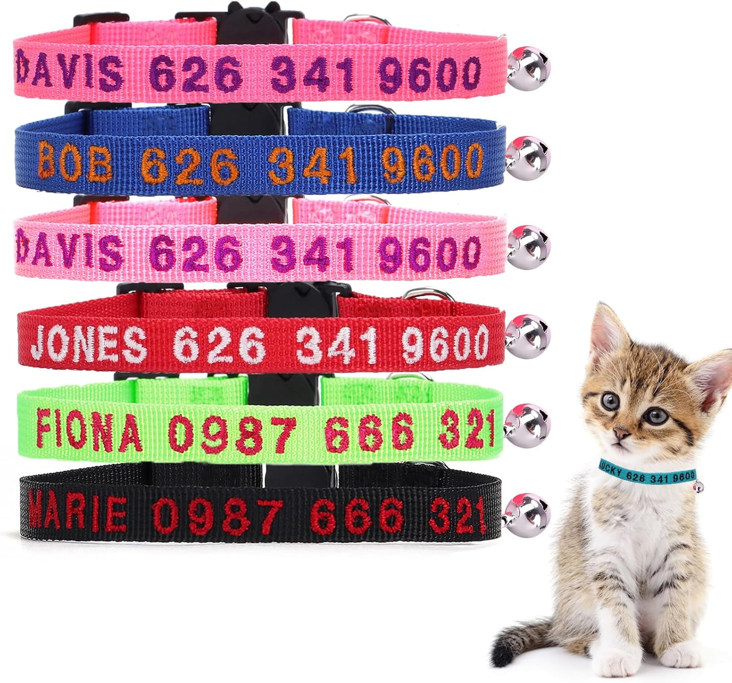 Personalized Nylon Cat Collars,Custom Embroidered Pet Name and Phone Number,Breakaway Collar with Safety Release Buckle and Bell,Adjustable Cats and Kitten Collars,Red