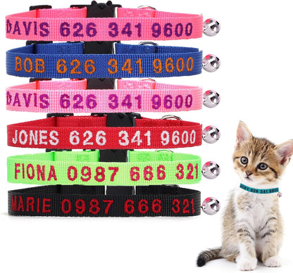 Personalized Nylon Cat Collars,Custom Embroidered Pet Name and Phone Number,Breakaway Collar with Safety Release Buckle and Bell,Adjustable Cats and Kitten Collars,Red