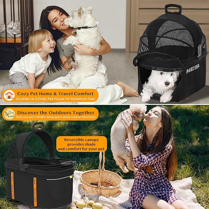 PAWZIDEA Pet Stroller 4 in 1, Cat Strollers with Detachable Carrier No-Zip Canopy, Portable Dog Crate for Car Seat Travel, Foldable & Lightweight Jogger for Small/Medium Dogs and Cats, Storage Basket