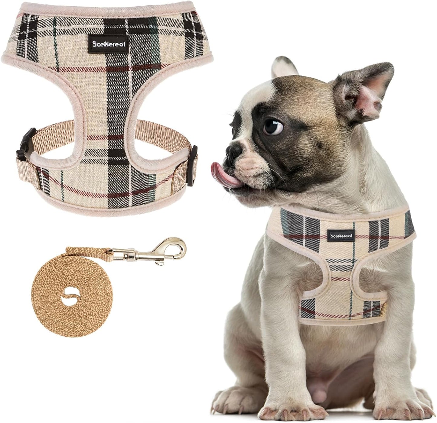 SCENEREAL Puppy Dog Harness with Leash Set for Small Medium Sized Dogs, Soft Mesh Step in Pet Harnesses and Leash, No Chock Plaid Adjustable No Pull Vest for Dogs Cats, Chihuahua,Bulldog (Beige M)