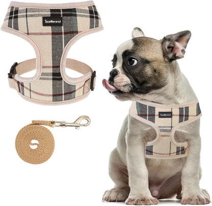 SCENEREAL Puppy Dog Harness with Leash Set for Small Medium Sized Dogs, Soft Mesh Step in Pet Harnesses and Leash, No Chock Plaid Adjustable No Pull Vest for Dogs Cats, Chihuahua,Bulldog (Beige M)