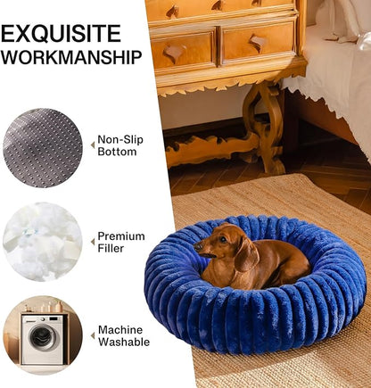 MEWOOFUN Donut Dog Beds for Small Dog, Calming Bed Round Cute Puppy Bed with Non-Slip Bottom, Fluffy Washable Pet Bed for Puppy and Kitten (Navy Blue, XS (20x20x6))