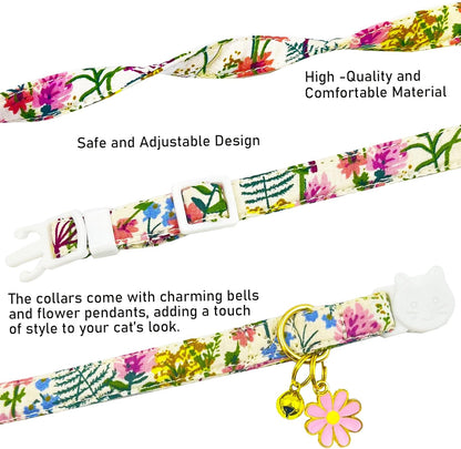 2 Pack Cotton Breakaway Cat Collars Set with Bell and Flower Pendant, Cute Floral Fruit Patterned, Adjustable 7.5-11Inch, Include A Mouse Toy Gift