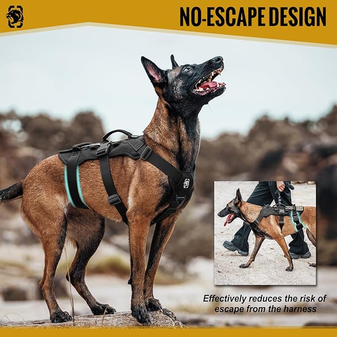 OneTigris Escape Proof Dog Harness, No Pull Dog Harness with Handles, Tactical Multi-Use Support Dogs Harnes for Large Dogs Everyday Wear Walking Hiking Training (Black, Medium)