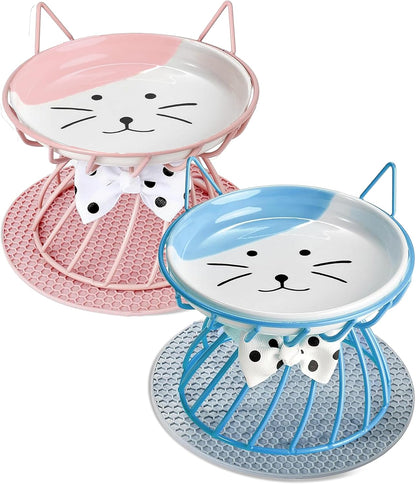 2PCS Ceramic Shallow Cat Food Dishes with Non-Slip Mat, Elevated Cat Food Bowl with Raised Metal Stand, Small Dog Bowl, Whisker Fatigue Pet Food Plate, Dishwasher Safe