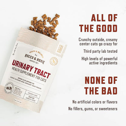 Rocco & Roxie Cat Urinary Tract Health Supplement, Cranberry and D-Mannose for Kidney, Bladder, and UT Support, Vet Recommended Chicken Flavored Crunchy Chews Cats Love, Made in USA