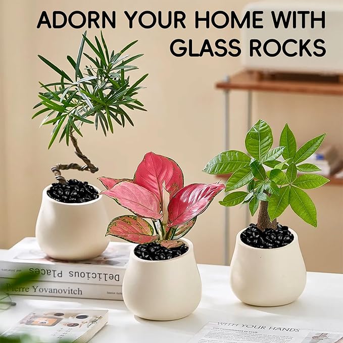 Meschett Colorful Glass Stones, 1 LB Fish Tank Gravel, Small Irregular Rainbow Aquarium Gravel for Aquarium Decorations and Turtle Tank, Sea Glass Beads Crystals for Fish Bowl, Vase Filler,Black