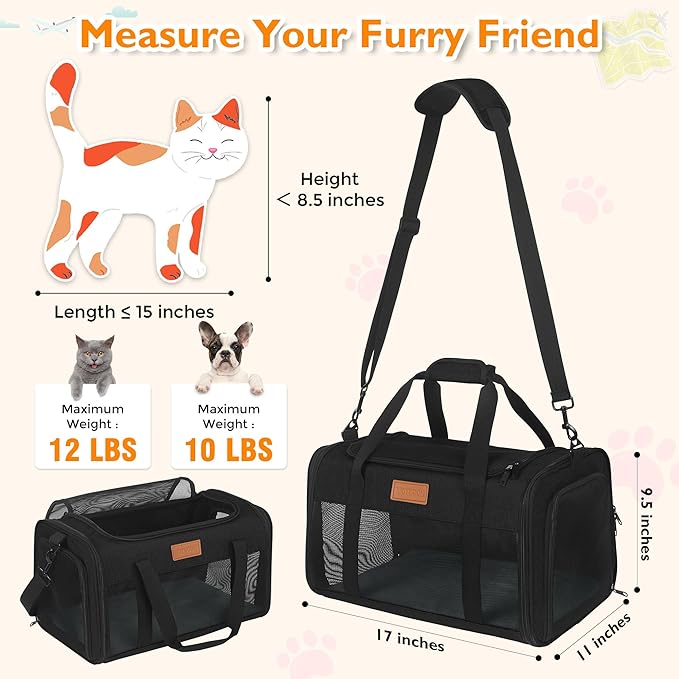 PETUX TSA Approved Pet Carrier in Cabin, 17"x11"x9.5" Soft Cat Carriers for Small Cat up to 12 lb, Top-Open Portable and Breathable Pet Carrier Airline Approved for Travel and Vet Visit, Black