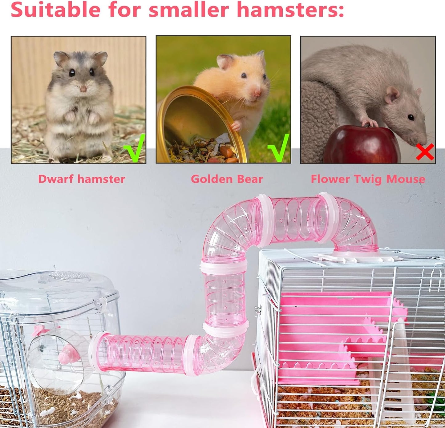 8PCS Hamster Tunnel Tube DIY Assorted Toy Transparent Adventure Pipe Playground Excercise Set for Mouse Syrian Hamster Gerbil (Pink)