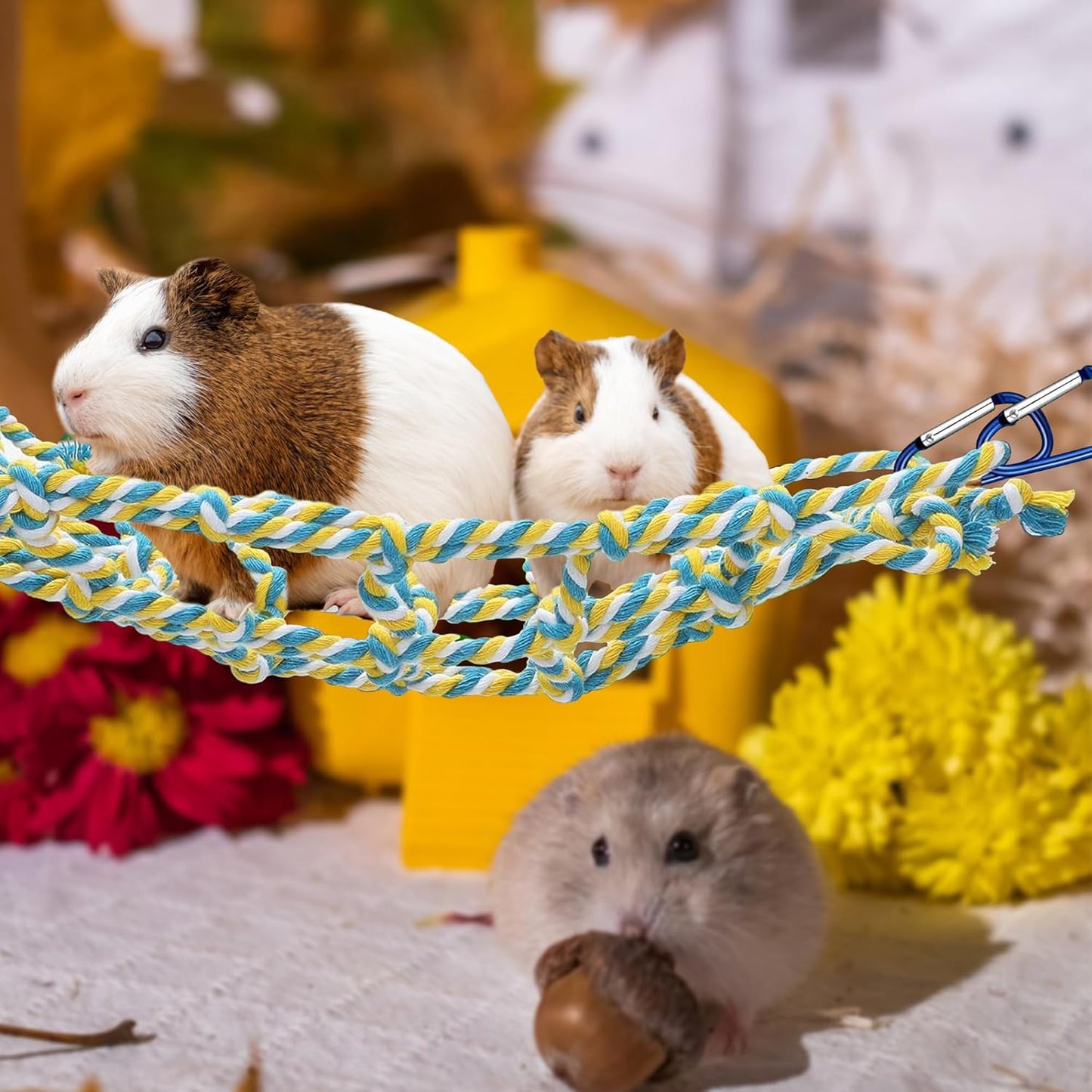 2 Pcs Rat Climbing Ropes for Cage Rat Cage Accessories Bird Rope Rat Toys for Pet 12.6 x 9.84 inch Hammock Hamster Cotton Rope Bridge Bird Ladder with 4 Silver Hooks（Yellow）
