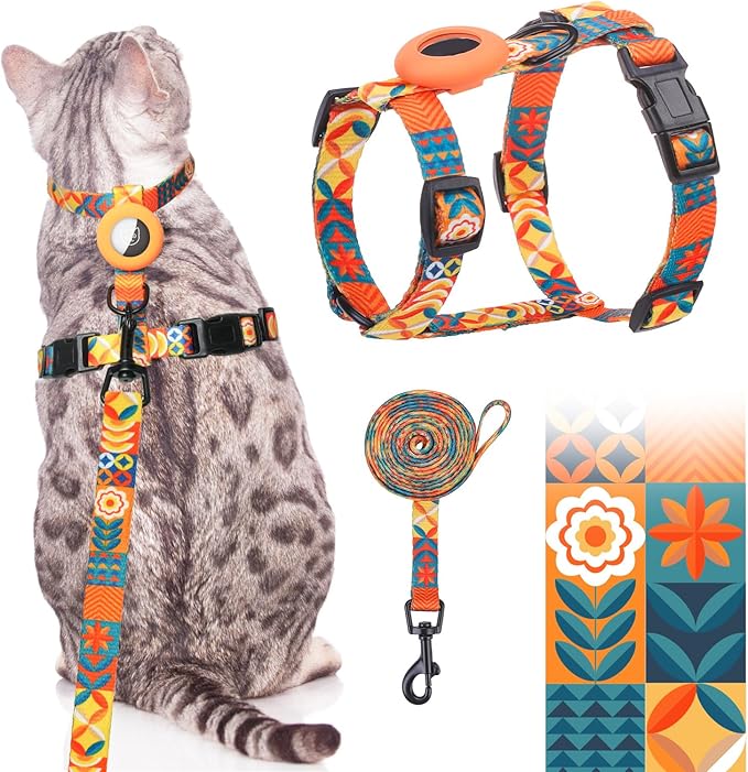 SCENEREAL Cat Harness and Leash Set Escape Proof with Airtag Holder, Adjustable Kitten Big Cats Vest Harness for Walking Outdoor Indoor, Spring Summer Holiday Strip for Cats Boys Girls