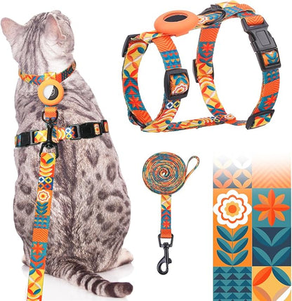 SCENEREAL Cat Harness and Leash Set Escape Proof with Airtag Holder, Adjustable Kitten Big Cats Vest Harness for Walking Outdoor Indoor, Spring Summer Holiday Strip for Cats Boys Girls