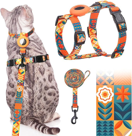 SCENEREAL Cat Harness and Leash Set Escape Proof with Airtag Holder, Adjustable Kitten Big Cats Vest Harness for Walking Outdoor Indoor, Spring Summer Holiday Strip for Cats Boys Girls