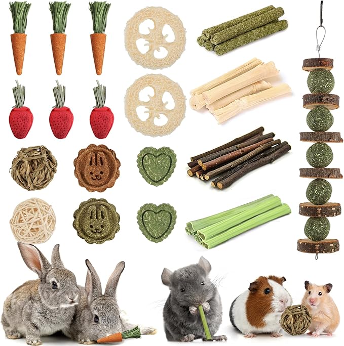 40 PCS Rabbit Chew Toys for Teeth, Natural Bunny Chew Toys Carrot, Strawberry, Timothy Grass Cake, Sweet Bamboo, Apple Sticks for Hamsters, Guinea Pigs and Chinchilla for Dental Care & Relieve Boredom