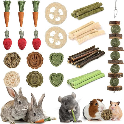 40 PCS Rabbit Chew Toys for Teeth, Natural Bunny Chew Toys Carrot, Strawberry, Timothy Grass Cake, Sweet Bamboo, Apple Sticks for Hamsters, Guinea Pigs and Chinchilla for Dental Care & Relieve Boredom