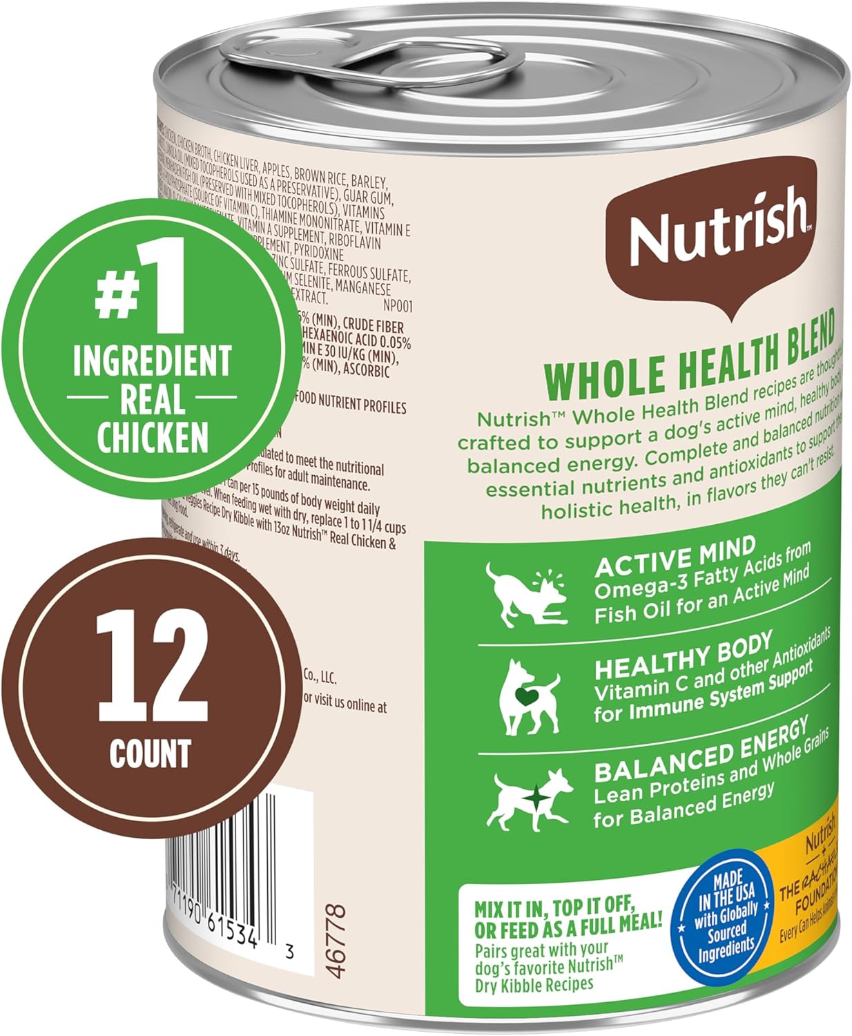 Nutrish Premium Paté Wet Dog Food, Real Chicken & Apple Recipe Whole Health Blend, 13 oz. Can, 12 Count (Rachael Ray)