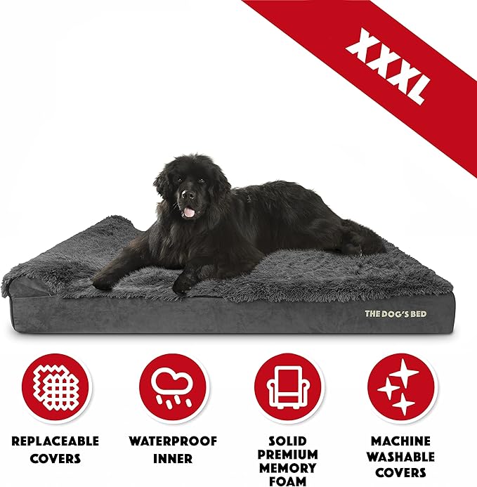 The Dog’s Bed Orthopedic Headrest Dog Bed XXXL Fur Grey, Memory Foam, Pain Relief for Arthritis, Hip & Elbow Dysplasia, Post Surgery, Lameness, Supportive, Waterproof Washable Cover