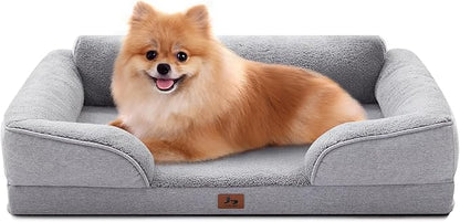 Orthopedic Dog Beds for Medium Size Dogs, Waterproof Egg-Crate Foam Pet Couch Bed with Soft Sides, Non-Slip Dog Sofa with Fleece Removable Washable Cover, 28"L Supportive Pet Sofa, Light Grey