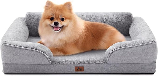 Orthopedic Dog Beds for Medium Size Dogs, Waterproof Egg-Crate Foam Pet Couch Bed with Soft Sides, Non-Slip Dog Sofa with Fleece Removable Washable Cover, 28"L Supportive Pet Sofa, Light Grey