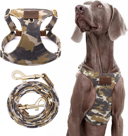 Puppytie Dog Harness & Multi-Function Leash Set for Medium Dogs - Camouflage Brown-L, No Pull Function, Soft Dog Vest Design