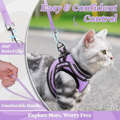 rabbitgoo Cat Harness and Leash Set for Walking Escape Proof, Adjustable Soft Kittens Vest with Reflective Strip for Cats, Comfortable Outdoor Vest, Light Purple, L