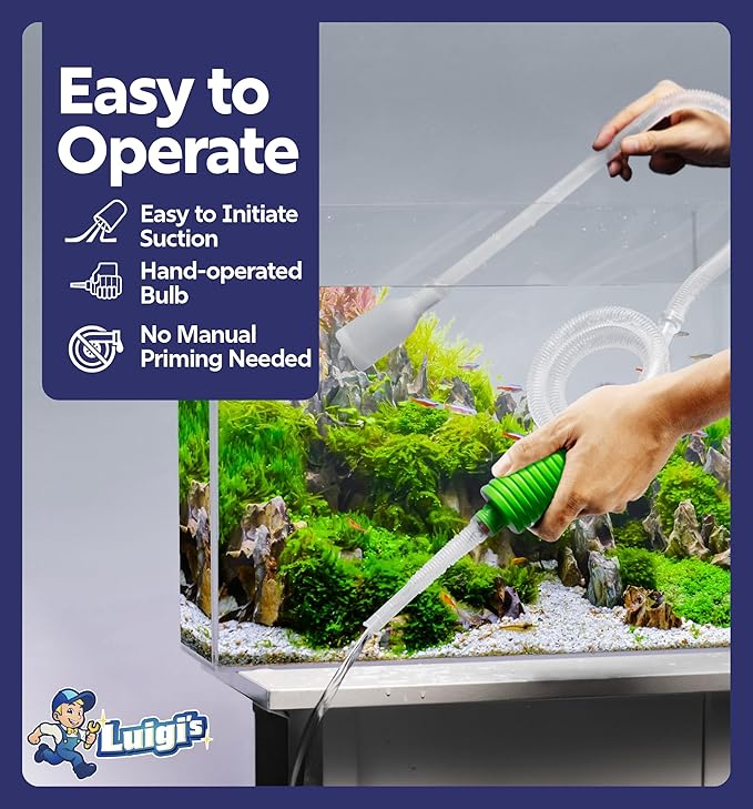 Luigi's Fish Tank Cleaner - Turtle Tank Accessories - Gravel Vacuum for Aquarium - Hand Siphon Hose to Remove and Change Water or Sand in Minutes - Aquarium Cleaning Tools