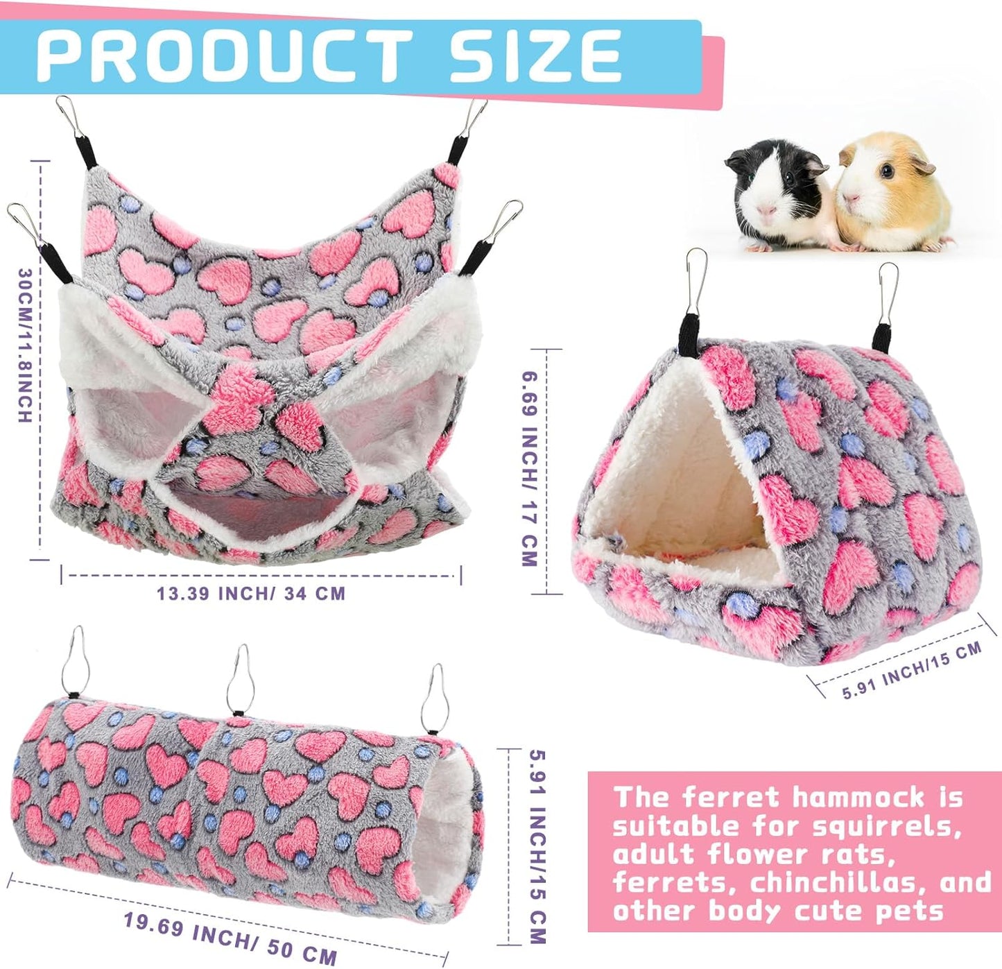 Abbylike 9 Pieces Rat Hammock 3 Tier Guinea Pig Ferret Hammocks Small Pet Hanging Tunnel Glider Toy Guinea Pig Ferret Hideout Bed Cage Accessories for Hamster(Purple, Brown, Gray,Heart)