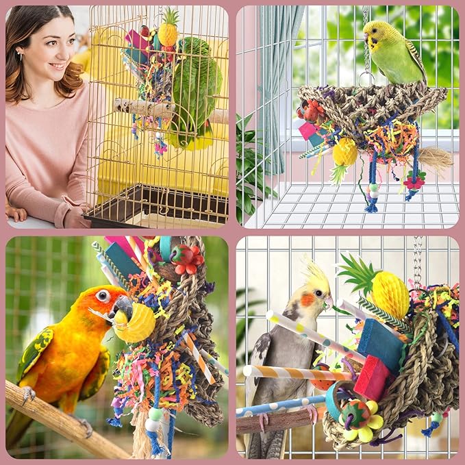 KATUMO Seagrass Basket Bird Toy with Array of Chewable Parrot Foraging Toys for Small Medium Parrot Birds