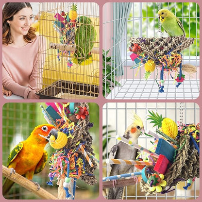 KATUMO Seagrass Basket Bird Toy with Array of Chewable Parrot Foraging Toys for Small Medium Parrot Birds