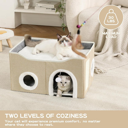 Large Cat Bed for Indoor Cats, Extra Wide Cat Cave House with Scratch Pad and Fluffy Ball, Foldable Cat Hideaway for Kitten Bed, Cat Condo for Cats (Khaki, X-Large)