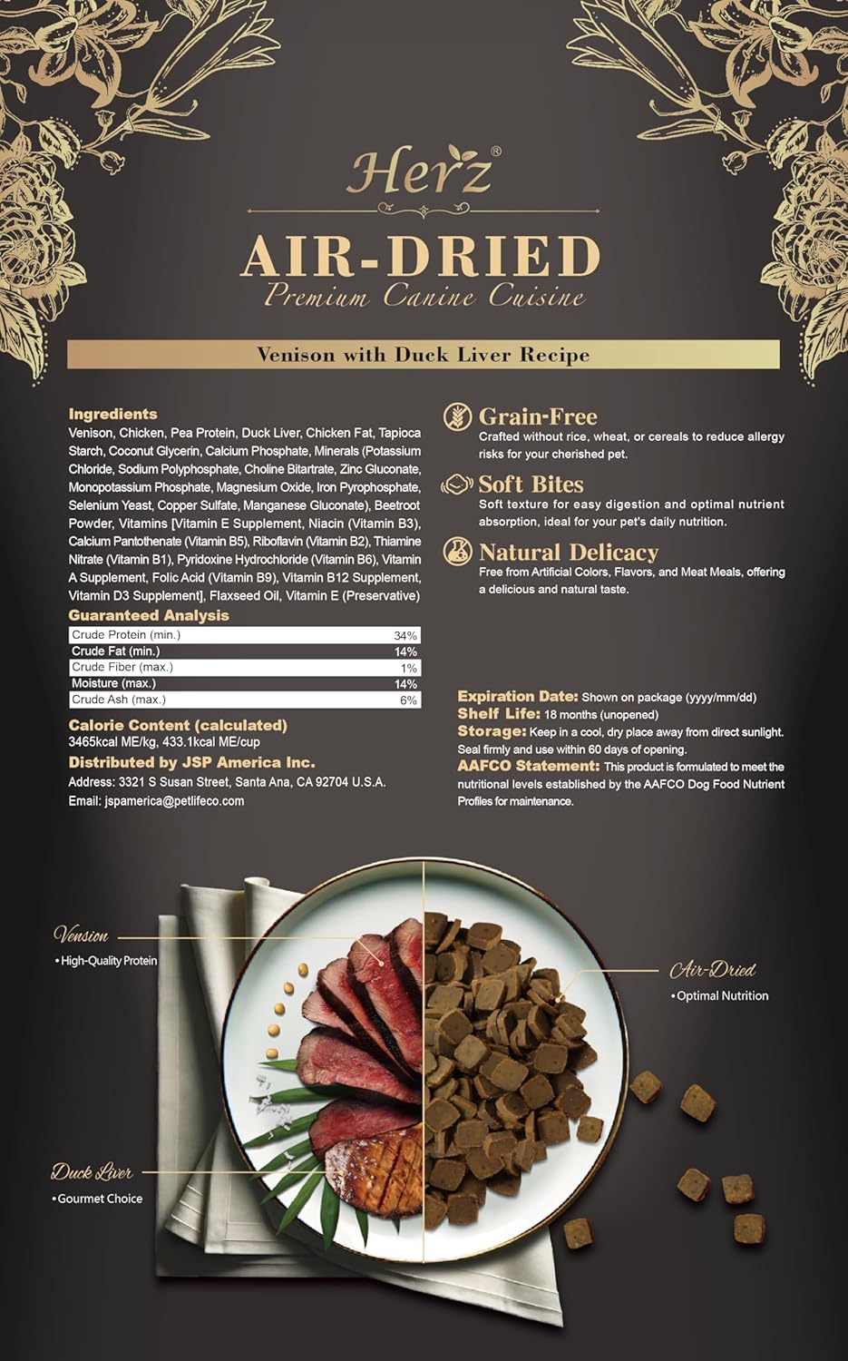 Herz Air-Dried Dog Food Venison & Duck Liver Recipe 2.2 lb, All-Natural, High-Protein, Grain-Free, Limited Ingredients, Complete & Balanced, Premium Canine Cuisine