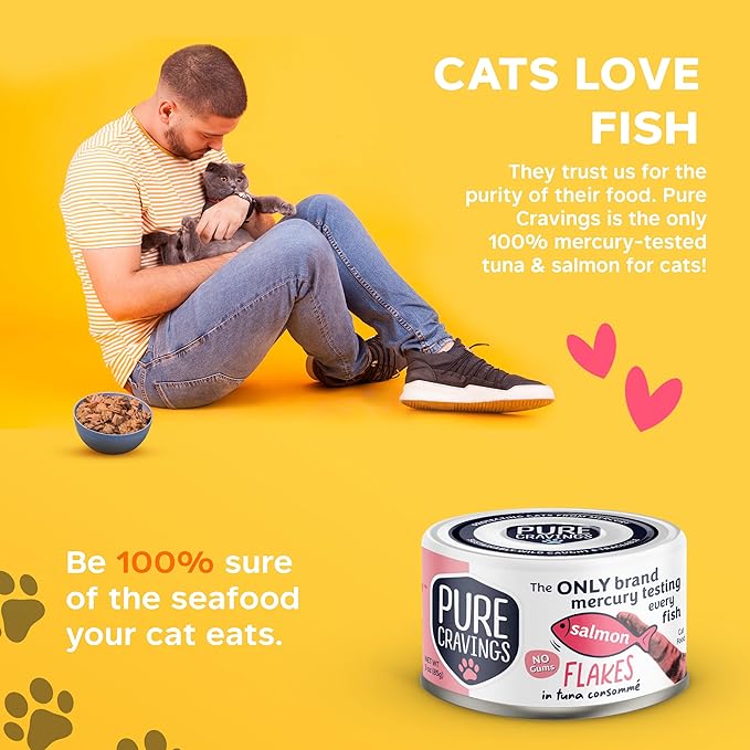 Pure Cravings Salmon Flakes in Tuna Consommé, Canned Wet Cat Food Soup, 100% Mercury-Tested, Moist Can Fish, Grain-Free Protein, Non-GMO, 3oz, Pack of 12