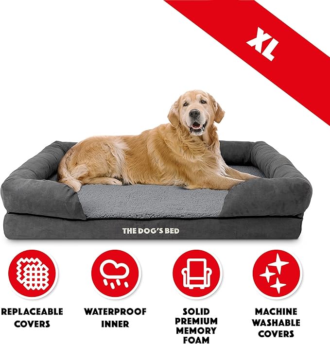 The Dog’s Bed, XL Grey Plush,Solid Memory Foam, Pain Relief: Arthritis, Hip & Elbow Dysplasia, Post Surgery, Lameness, Supportive, Calming, Waterproof Washable Cover