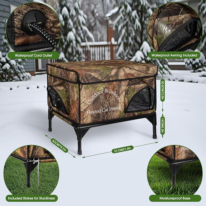 Heated Cat House for Outside Cat in Winter, Insulated Outdoor Feral Cat Shelter with Cat Heating Pad, 2 Doors,Elevated Waterproof Heated Kitty House (Camouflage, 21.5"x16.5"x18")