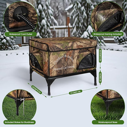 Heated Cat House for Outside Cat in Winter, Insulated Outdoor Feral Cat Shelter with Cat Heating Pad, 2 Doors,Elevated Waterproof Heated Kitty House (Camouflage, 21.5"x16.5"x18")