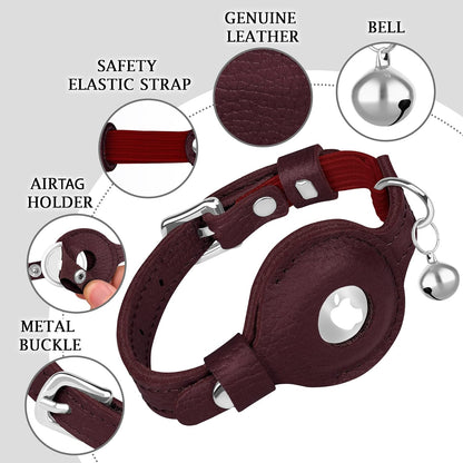 OOPSDOGGY Cat Collar for AirTag Holder, Leather Kitten Collars with Elastic Strap & Bell, Non Breakaway Adjustable Small Pet Collars for Indoor & Outdoor for Boy, Girl (Burgundy)