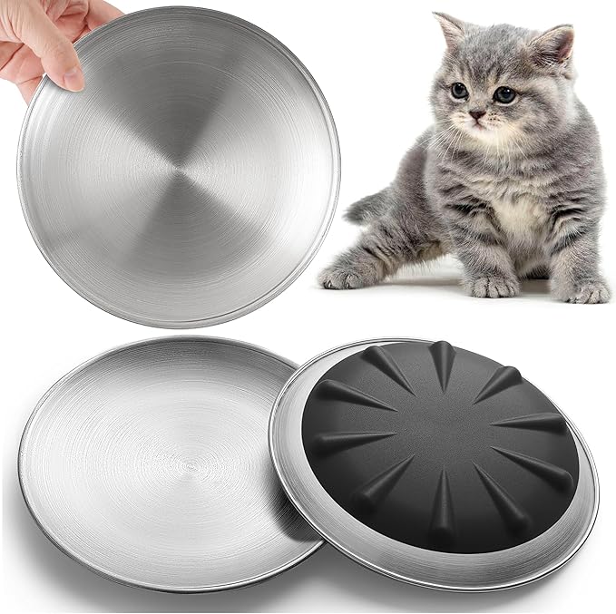 304 Stainless Steel Cat Plates for Wet food, 6.7" Shallow/Wide Whisker Friendly Cats Food Bowls, Non-Slip Silicone Base,Easy to Clean Indoor Cat Feeding Dishes, 3 Pack