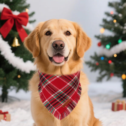 ADOGGYGO Christmas Dog Bandanas with Tassels, Stylish Plaid Xmas Pet Scarf Bib, Soft Cotton Fabric, Red Plaid Christmas Bandanas for Extra Large Dogs (X-Large)