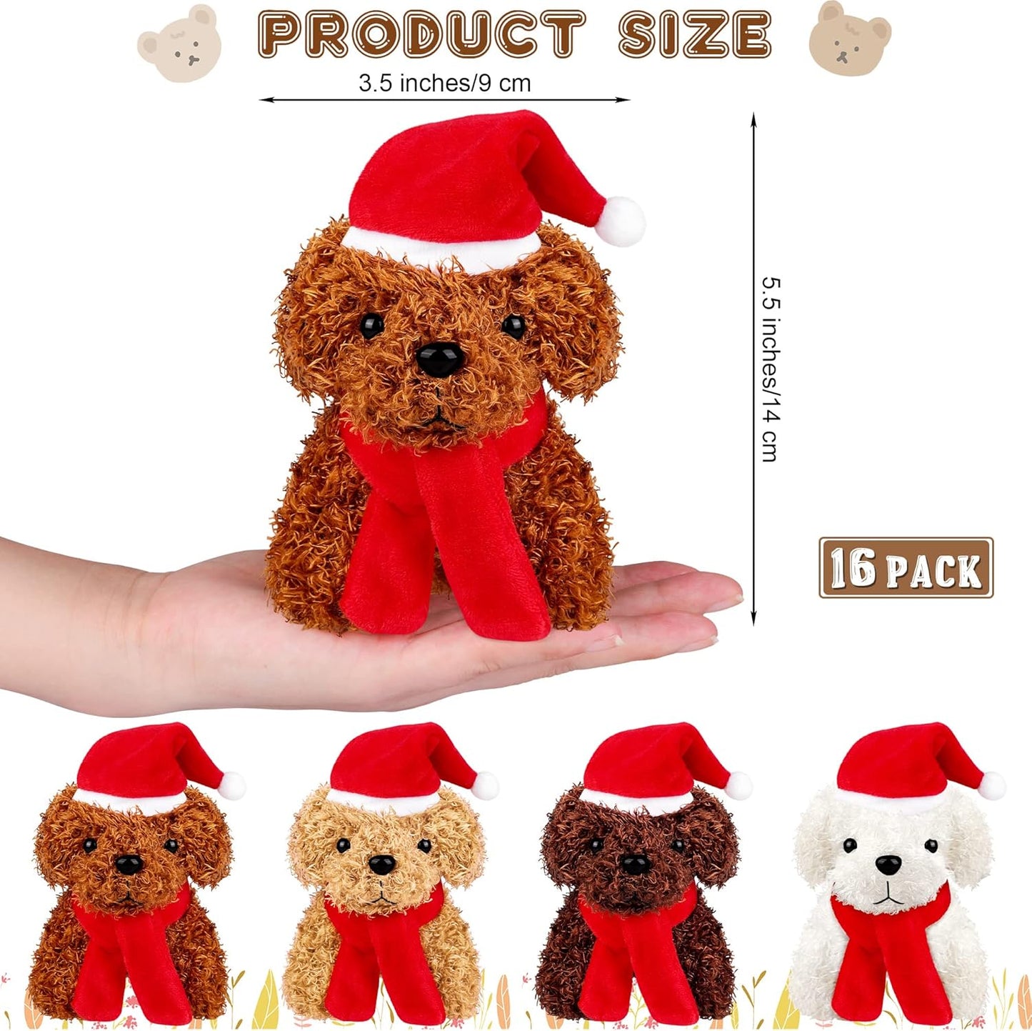 Fovths 16 Pieces 4.3 Inches Christmas Mini Plush Dogs Stuffed Animals with Santa Hat Scarf Keychain Cute Stuffed Puppy Toy Soft Stuffed Doll Goodie Bag Fillers for Christmas Party Favor, 4 Colors