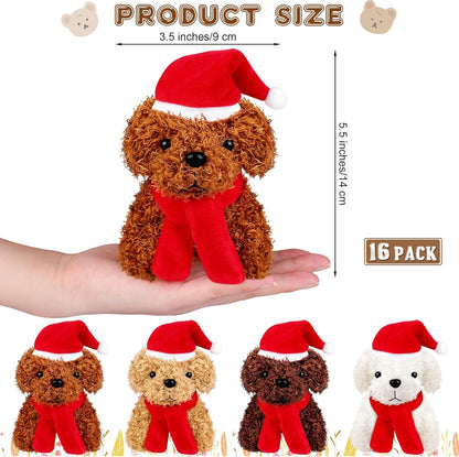 Fovths 16 Pieces 4.3 Inches Christmas Mini Plush Dogs Stuffed Animals with Santa Hat Scarf Keychain Cute Stuffed Puppy Toy Soft Stuffed Doll Goodie Bag Fillers for Christmas Party Favor, 4 Colors