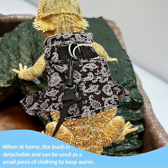 Lizard Harness Dress and Leash, Adjustable Hamster Ferret Harness and Leash Set, No-Pull Walking Vest for Lizard Small Animal Gecko Chameleon (Black M