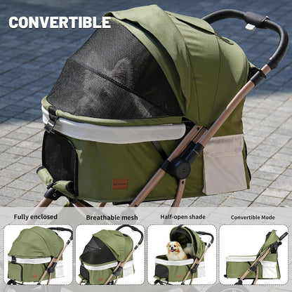 EchoSmile Small Medium Dogs Stroller 4-Wheel Pet Strollers for Medium Dogs Up to 50lbs, One Click Folding Large Cat Stroller, Reversible Handle, Shock Absorbing Wheels, Removable Washable Pad, Green