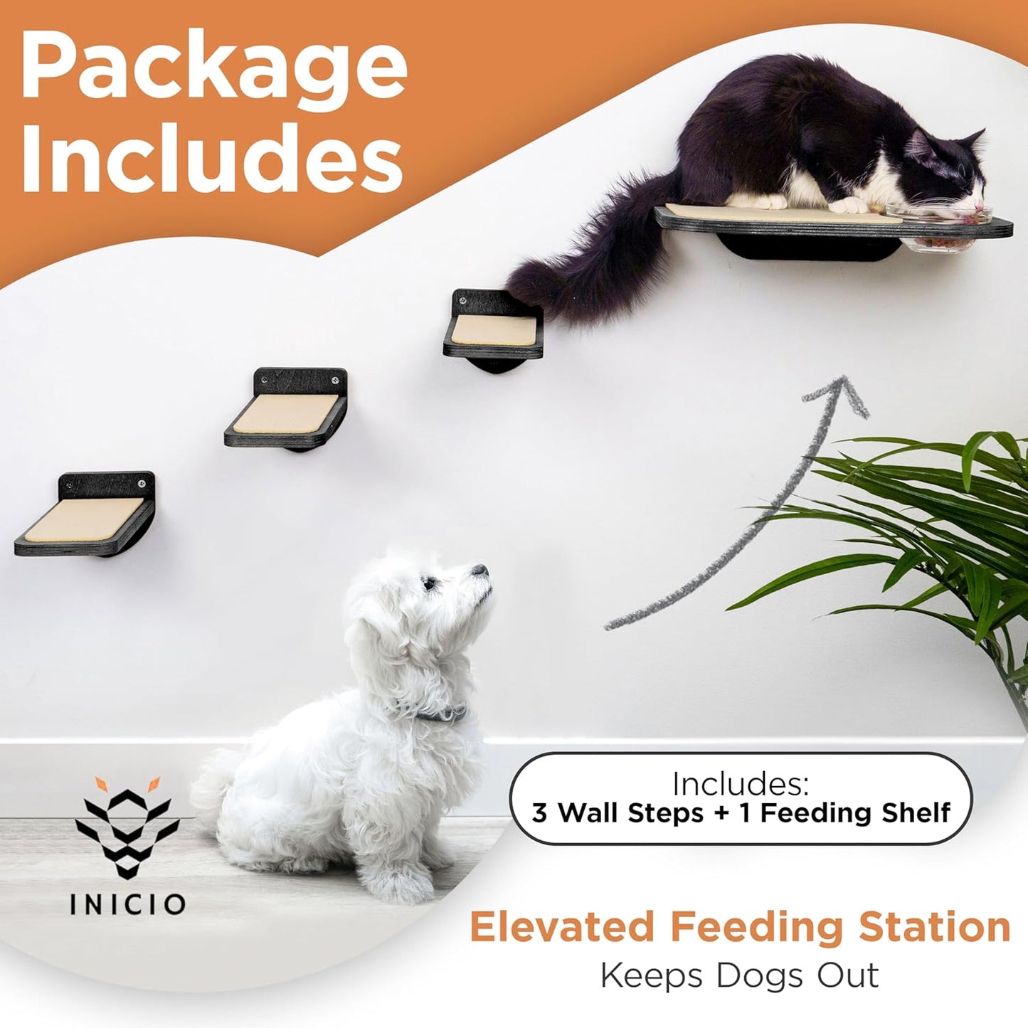 INICIO Cat Wall Shelves – Dog Proof Feeding Station with Wall Mounted Shelves, Durable 3 Step Birch Floating Shelf for Cats Up to 15lbs, Includes Attached Cat Food Bowl for Convenient Feeding – Black