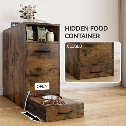 YITAHOME Dog Feeding Station with Storage, Dog Food Cabinet with 2 Feeder Bowls, Pull Out Elevated Dogs Bowl, Rustic Brown